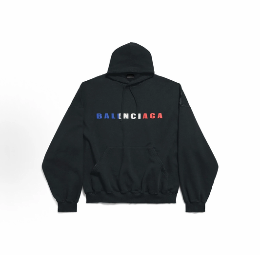 Balenciaga Tricolor Logo Distressed Hoodie Unisex Black